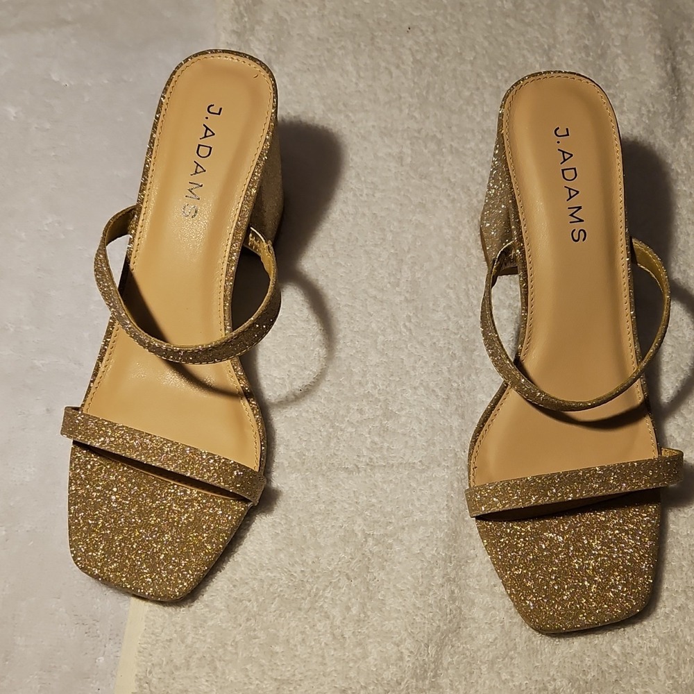 J. Adams Gold Glitter Strappy Block Heel Square Toe Synthetic Women's Size 7.5
